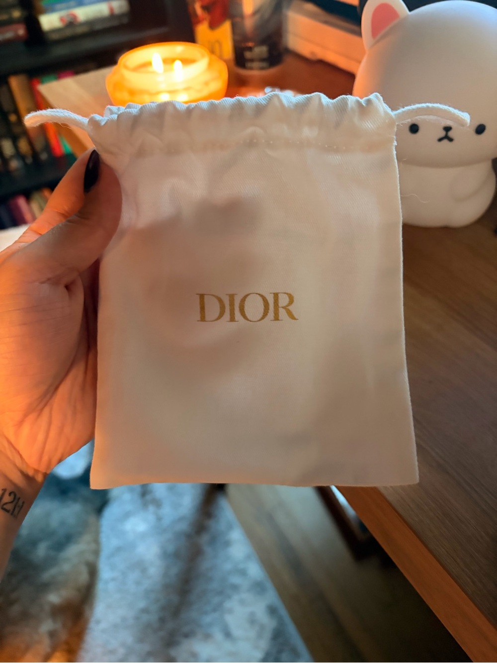 Dior White Drawstring Satin Pouch with Gold Logo